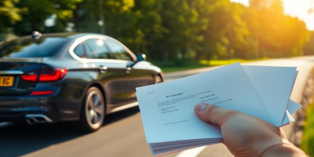 Car on road, insurance documents inside.