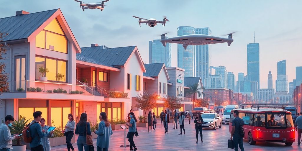 Futuristic city with smart homes and augmented reality devices.