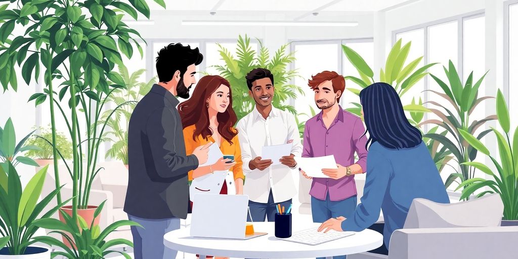Diverse engineers collaborating in a vibrant workspace.