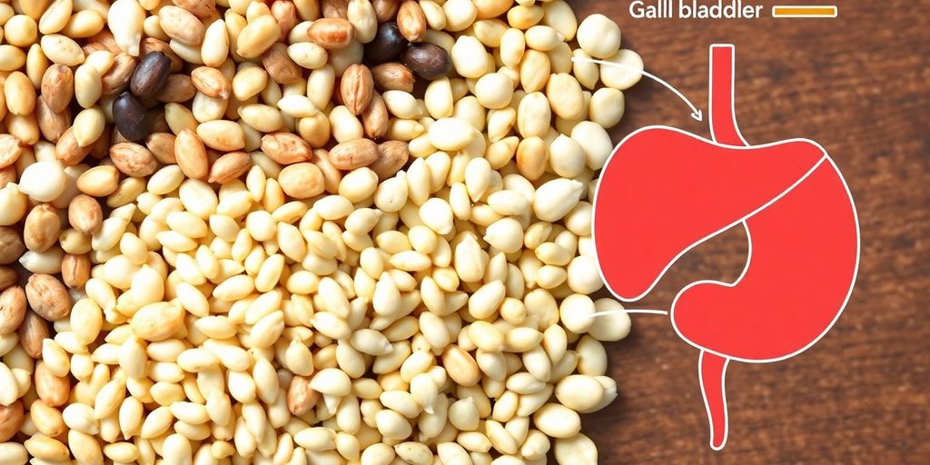Gluten-free grains and gallbladder anatomy illustration.