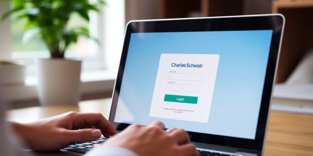 Laptop with Charles Schwab login page on screen.