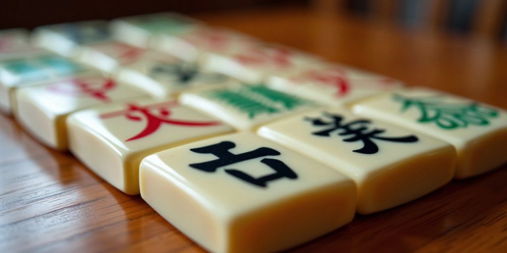 Mahjong character tiles on a wooden table.
