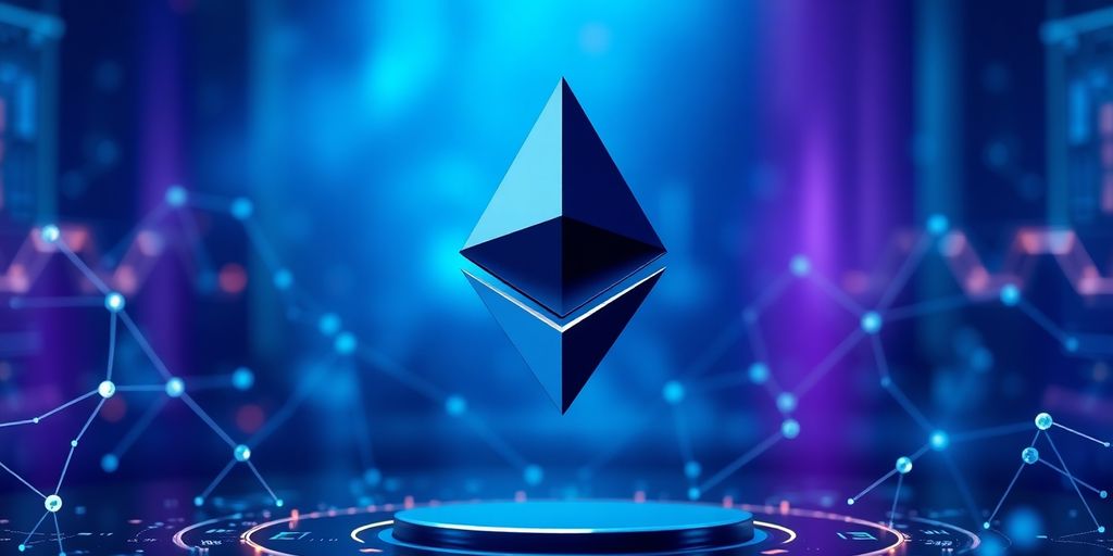Logotipo do Ethereum em fundo moderno e digital.