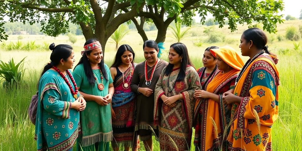 Indigenous people discussing land rights outdoors in nature.