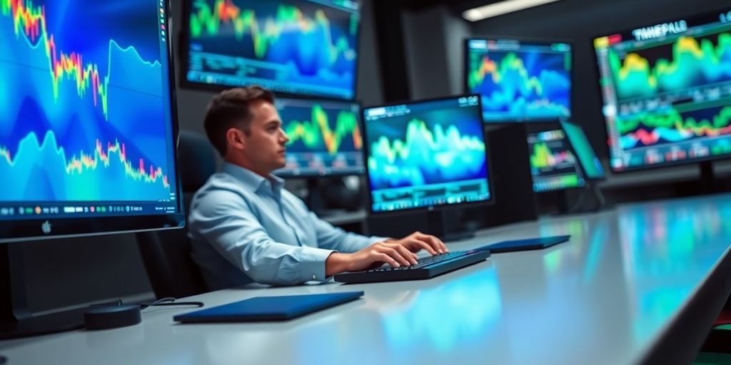 Digital trading desk with glowing charts, serious trader.
