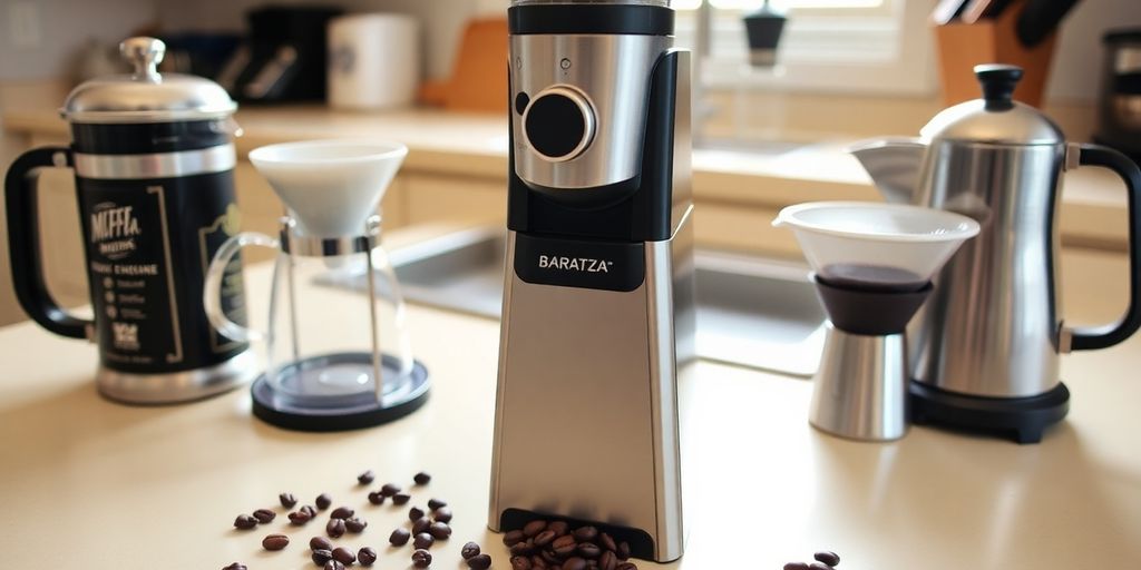 Baratza Encore grinder with various coffee brewing tools.