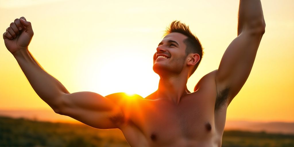 Man met energieke uitstraling tijdens zonsopgang