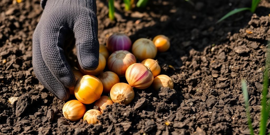 Blumenzwiebeln werden gepflanzt.