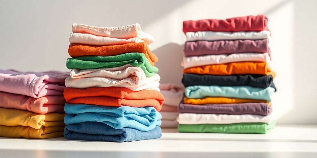 Close-up, neatly folded, colorful underwear stacks.