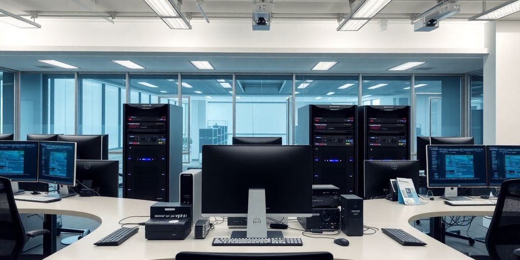 Modern cybersecurity tools in a corporate office setting.