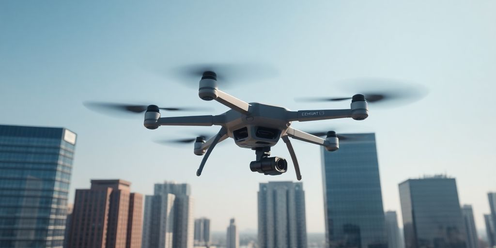 Drones flying in a futuristic cityscape.