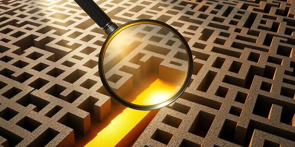 Maze with golden path and magnifying glass.