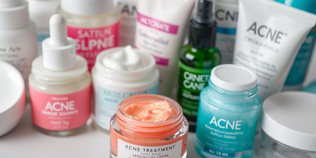 Vários tratamentos tópicos para acne em frascos e tubos.