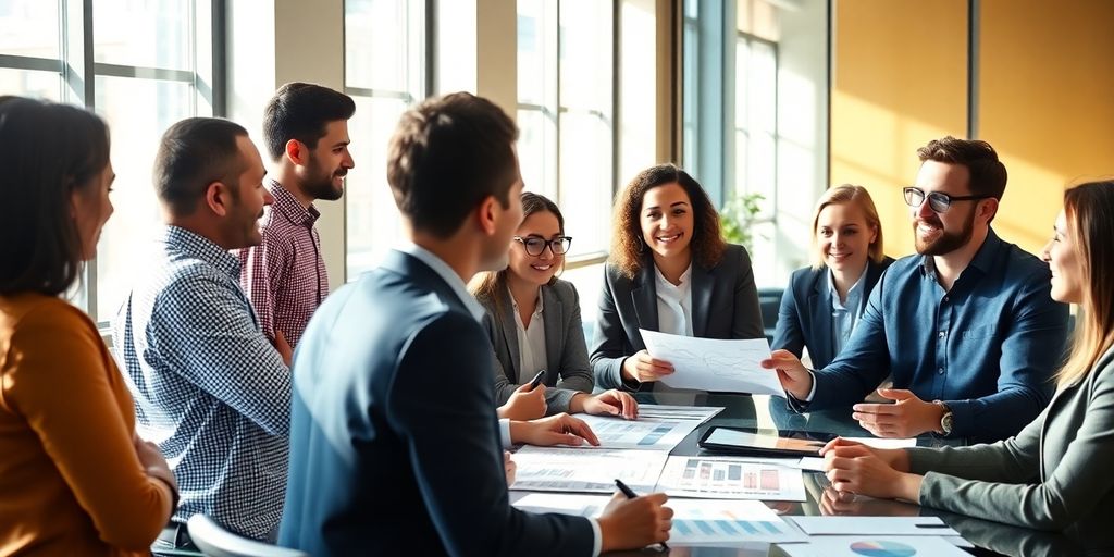 Diverse professionals engaged in a business meeting discussion.