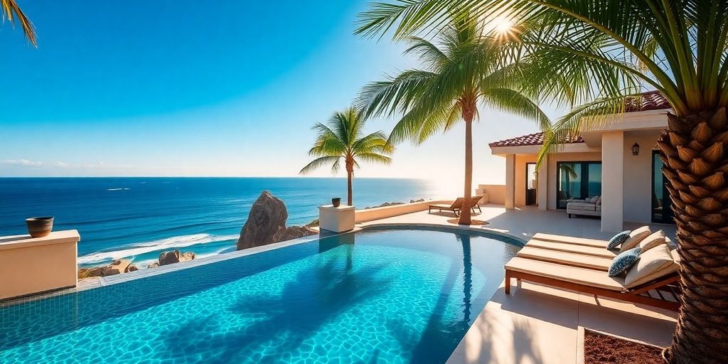 Luxury Cabo villa with ocean view, palm trees.
