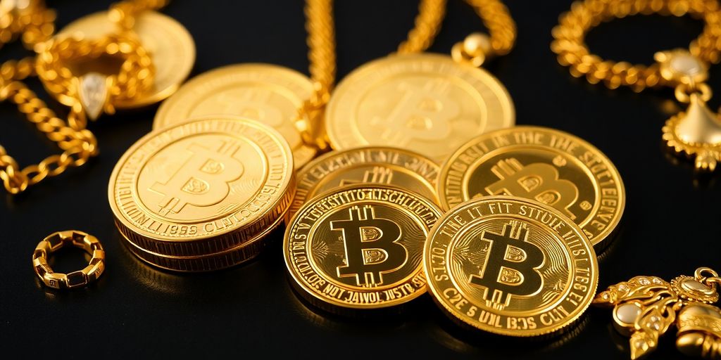 Pièces d'or et bijoux brillants sur fond sombre.