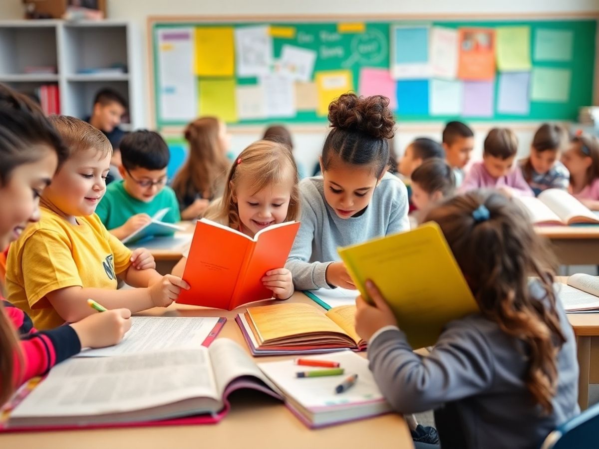 Copii citind și scriind în clasă.