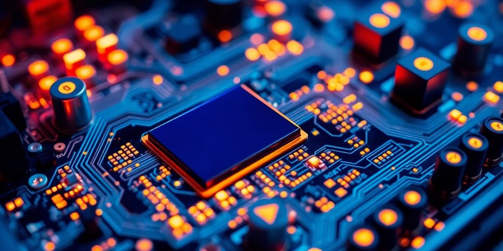 Close-up of a glowing computer motherboard and circuits.