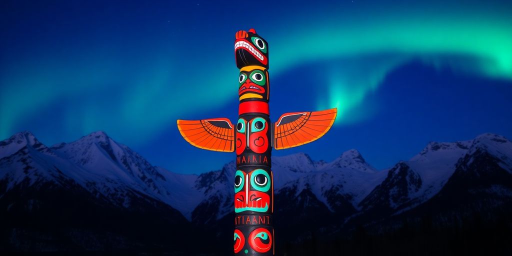 A carved totem pole with snowy mountains and aurora borealis.