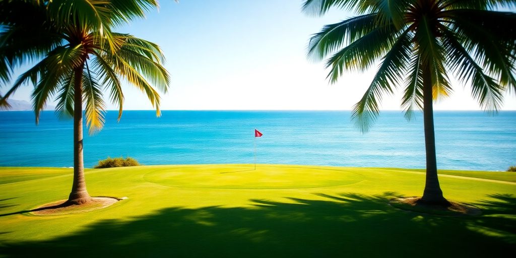 Golf course, ocean, sunny, palm trees.
