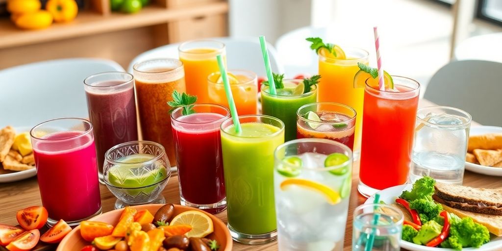 Top 10 Mitos e verdades sobre dietas 3 Diversos líquidos saudáveis em uma mesa de refeição.