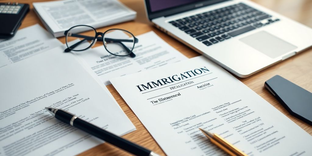 Desk with immigration documents and translation tools.