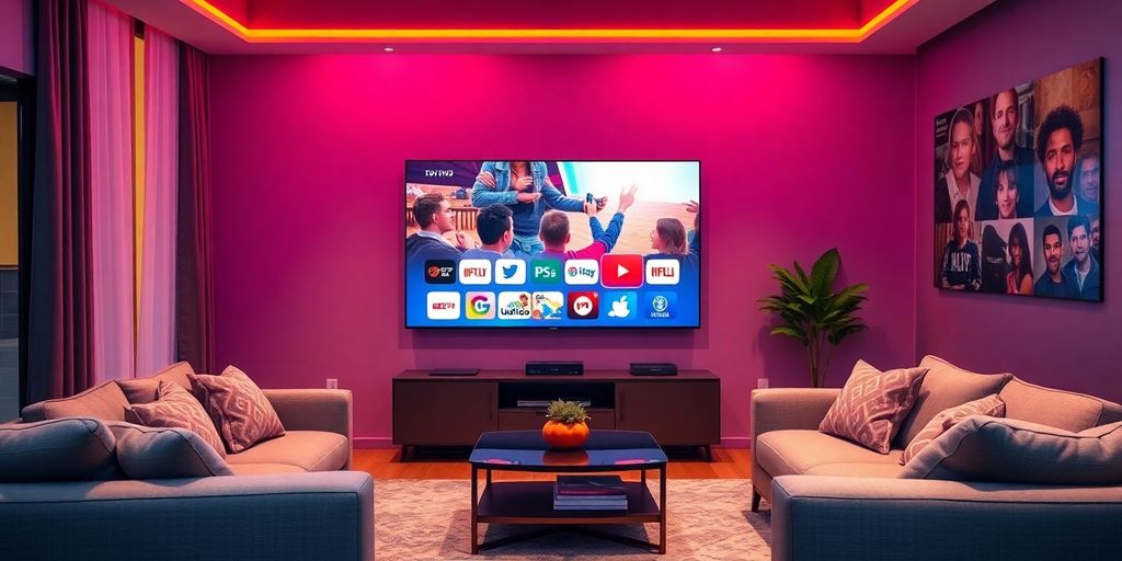 غرفة معيشة عصرية مع تلفاز يعرض محتوى IPTV