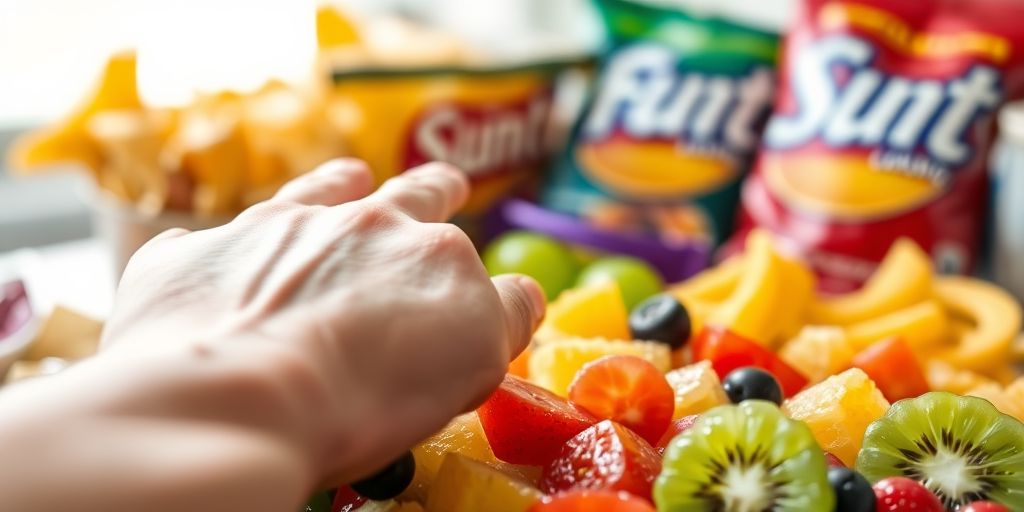 Person reaching for healthy food, away from junk.