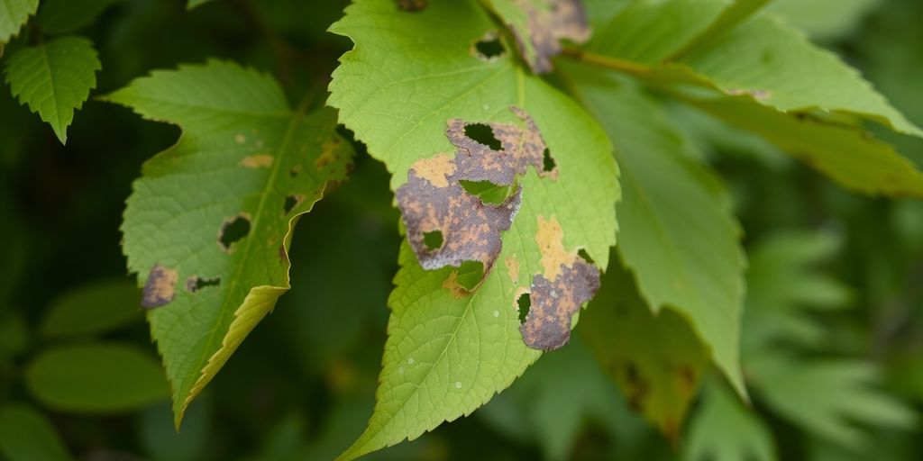 Close-up of damaged tree leaves with healthy foliage.