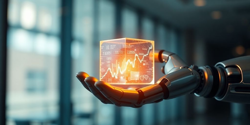 Robotic hand holding glowing financial data