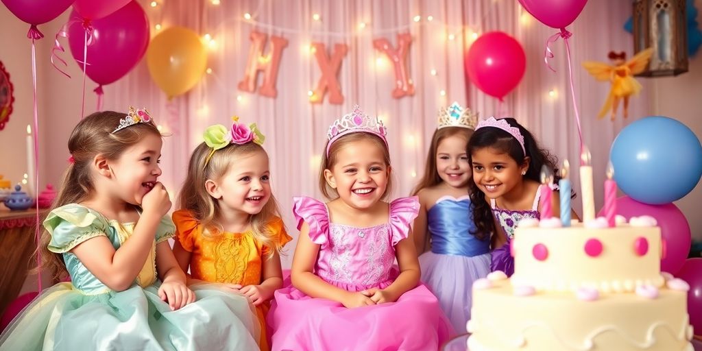 Children enjoying a princess party with costumes and decorations.