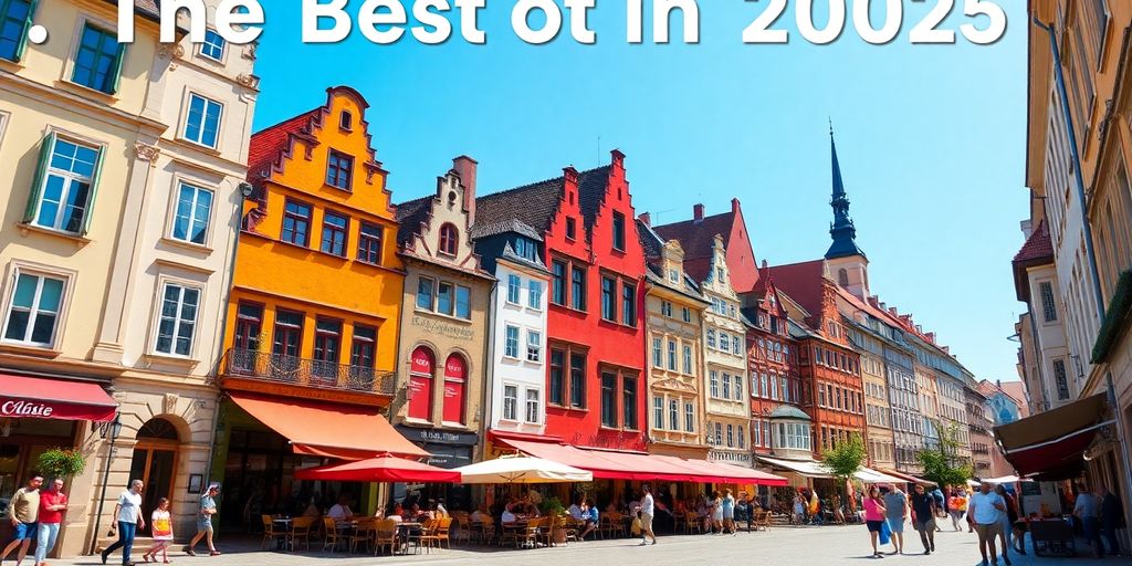 Colorful European street bustling with people and cafes.