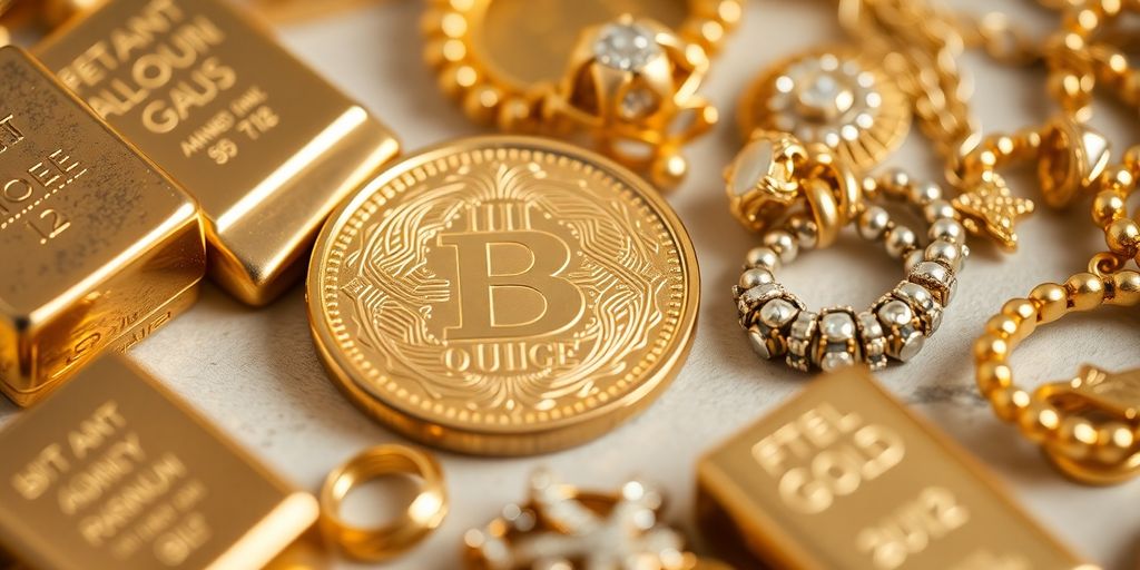 Une pièce d'or et divers types de bijoux.