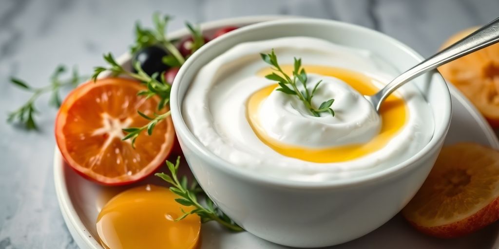 Close-up of Greek yogurt with fruits and herbs.