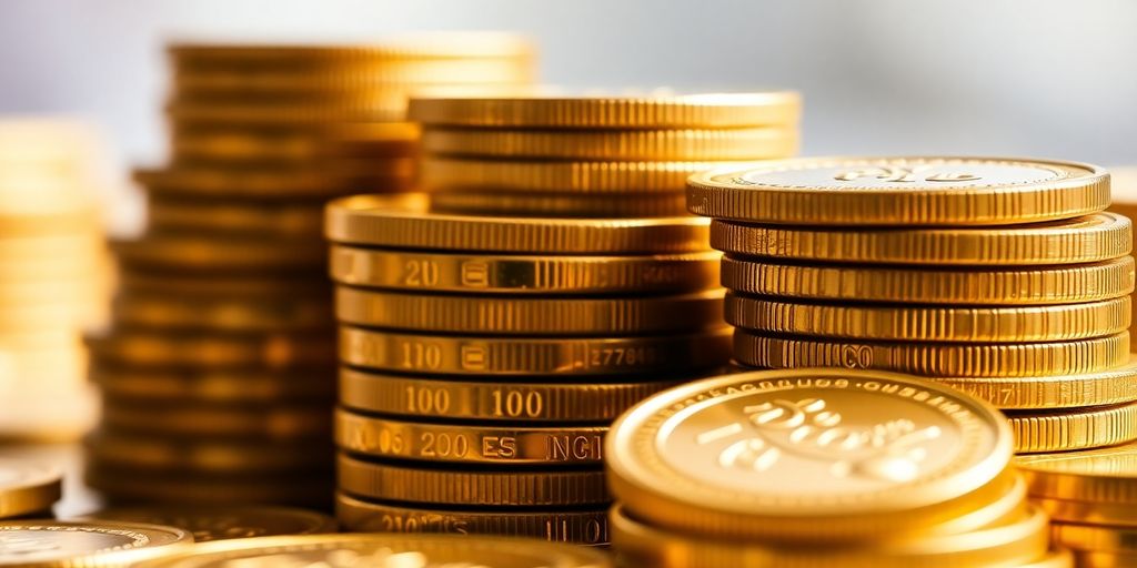 Pièces d'or brillantes sur un fond flou.