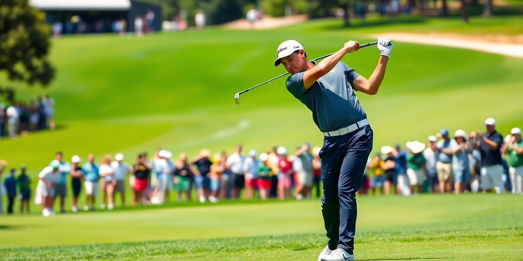 Golfer swinging on the course during a PGA Tour event.