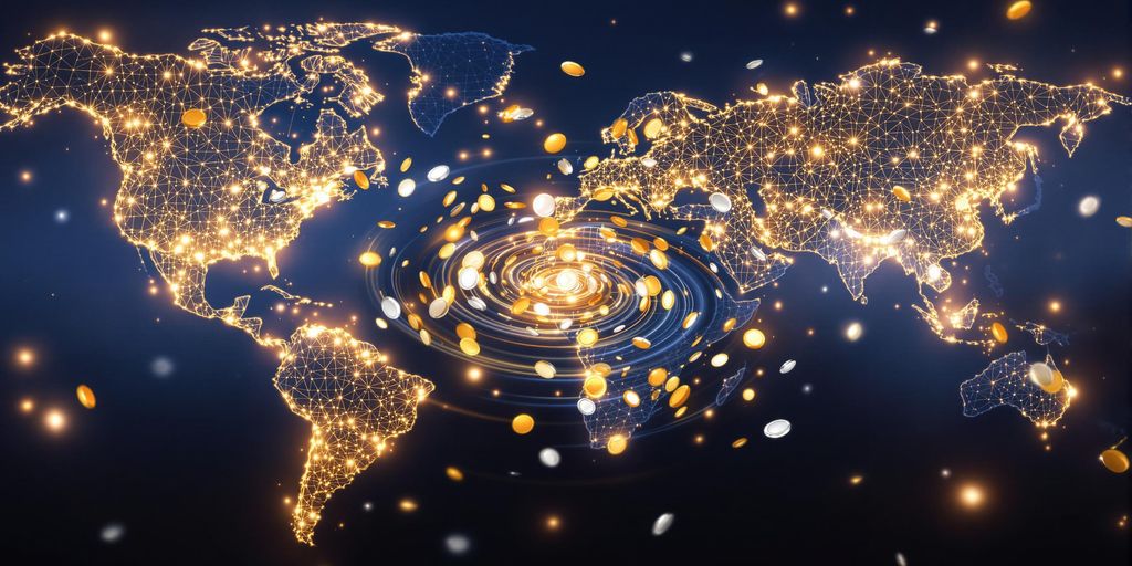 Digital coins spinning between two global maps