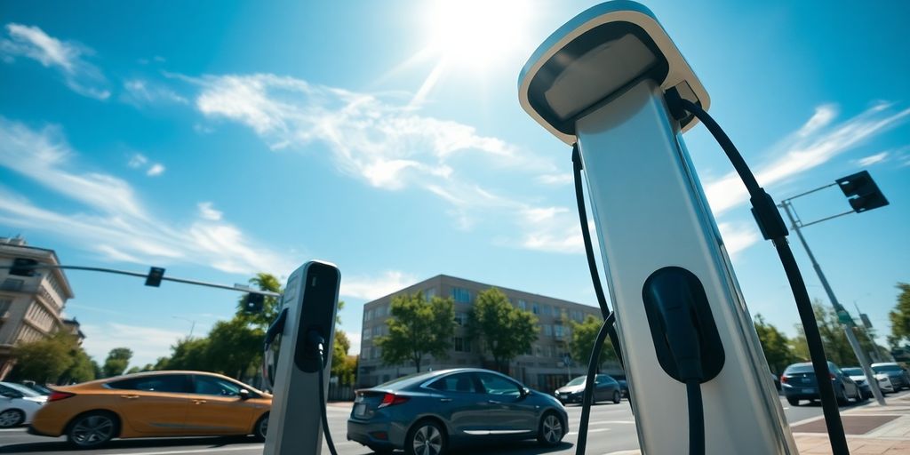 EV charging station at urban intersection.