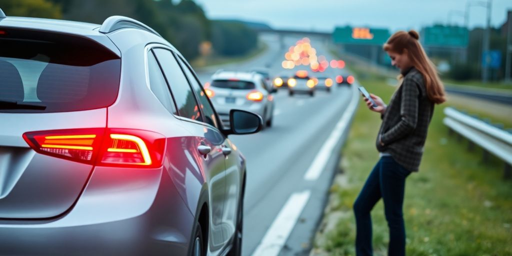 Car broken down on shoulder, driver making call.