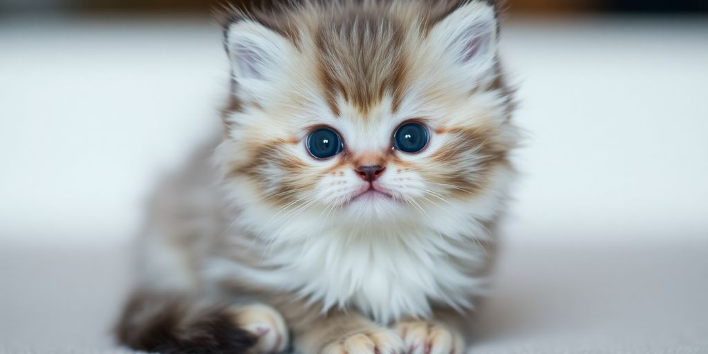 A fluffy kitten looks expectantly towards the viewer.