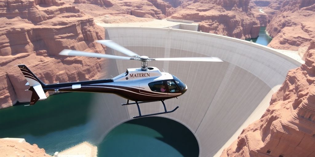A helicopter flying over the massive Hoover Dam.