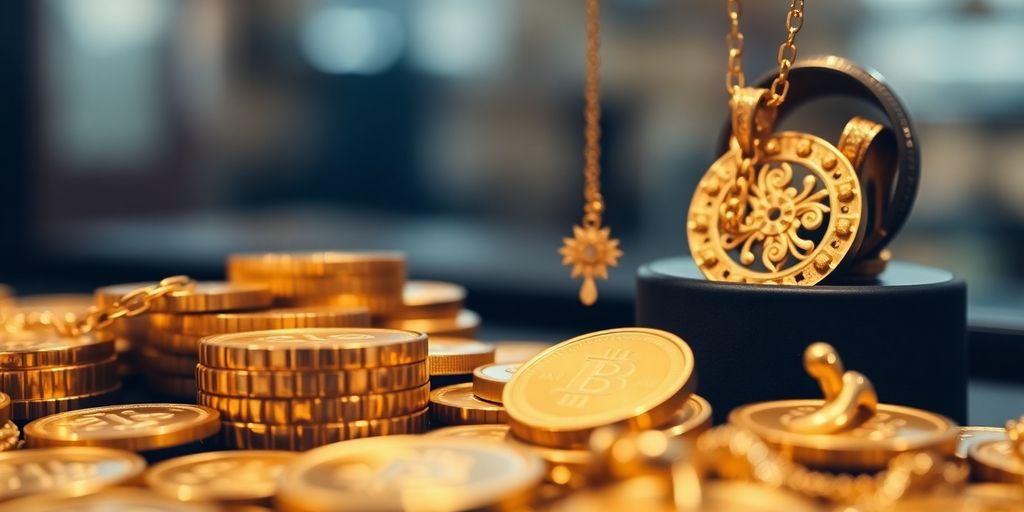 Pièces d'or et bijoux brillants sur fond flou.