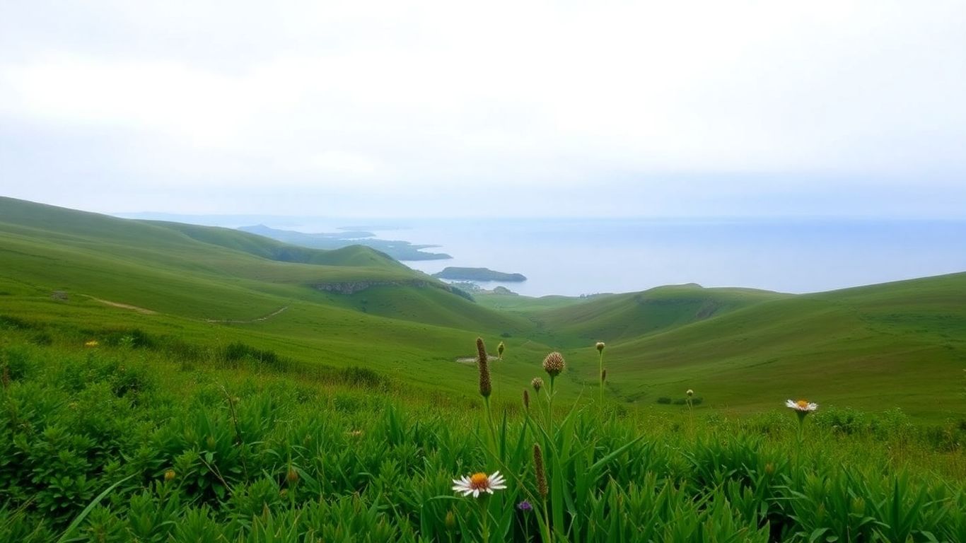 Peaceful landscape with hills and water reflection.