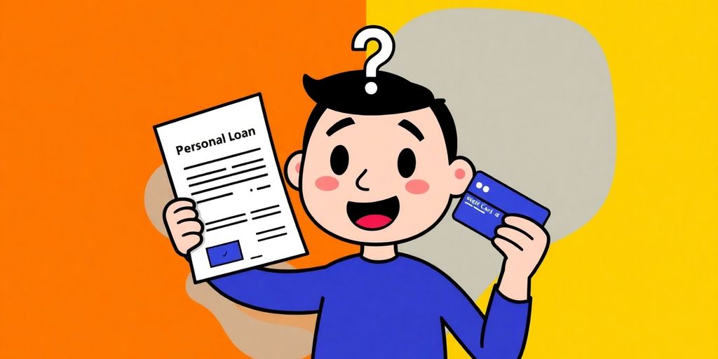 Cartoon hands comparing a loan document and a credit card.