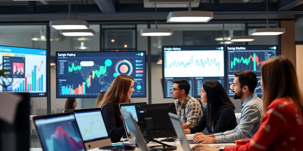 Profissionais de marketing digital em ambiente moderno.