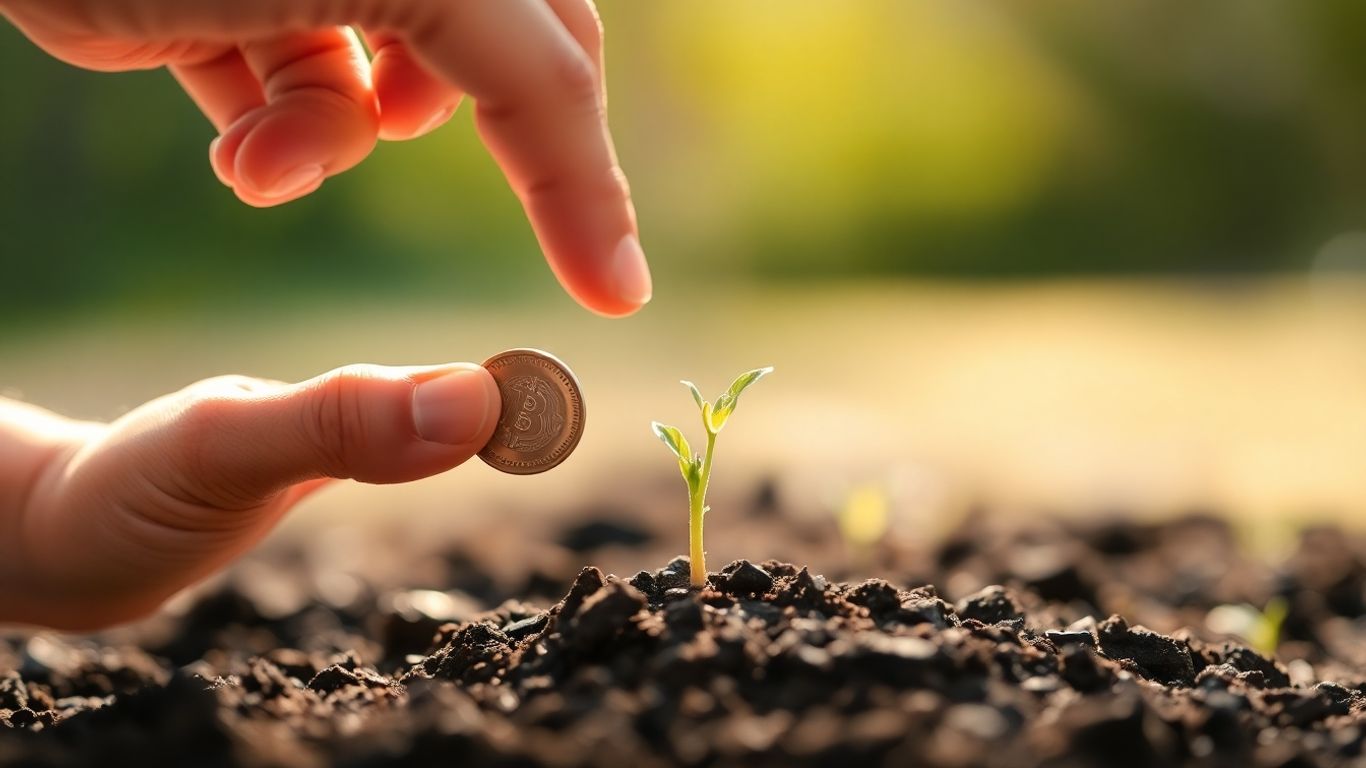 Mão colocando moeda em planta crescendo.