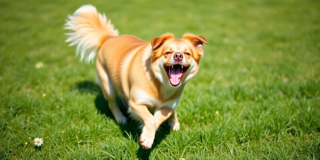 Happy dog bounding across green grass in Coogee.
