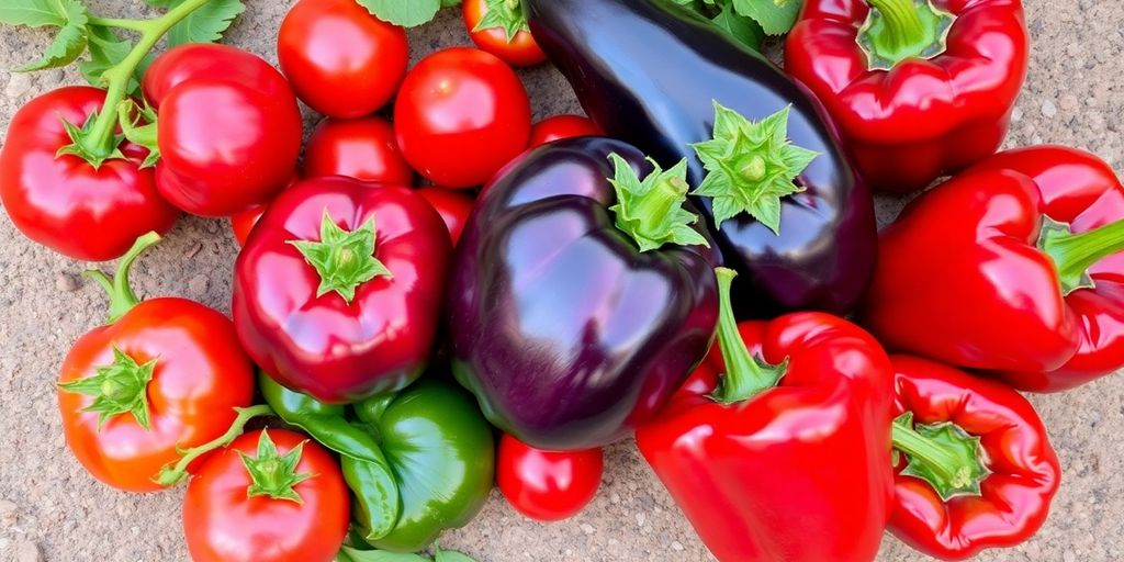 Bright red bell pepper and eggplant on a rustic wooden surface.