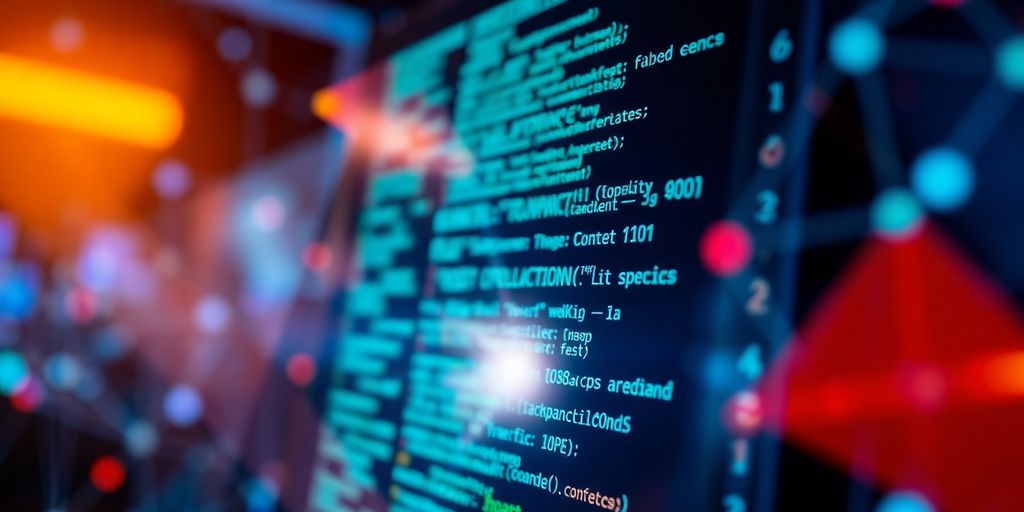 Close-up of a digital screen with algorithms and technology.