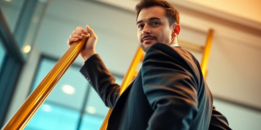 Businessman ascending career ladder